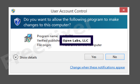 Screenshot where Open Labs, LLC appears as the verified publisher in the UAC dialog